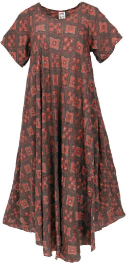 Schwingendes Ethno Maxikleid, Luftiges Boho Sommerkleid Mit Kurzen Ärmeln - Braun