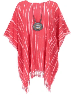 Batik Kaftan, Ibiza-Style Tunika, Boho Blusenkleid Mit Fransen, Damen Maxibluse - Himbeerrot