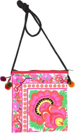 Schultertasche, Hippie Tasche Chiang Mai, Bestickter Beutel - Weiß/pink - 22x20 Cm -Modebekleidungsgeschäft 53073 123taschen thailand 2023 157