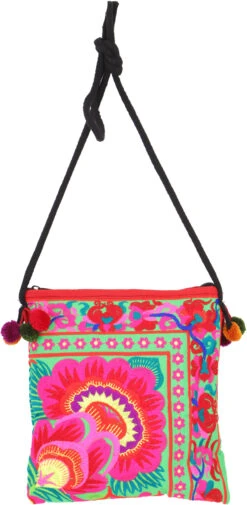 Schultertasche, Hippie Tasche Chiang Mai, Bestickter Beutel - Grün/pink - 22x20 Cm -Modebekleidungsgeschäft 53074 123taschen thailand 2023 154