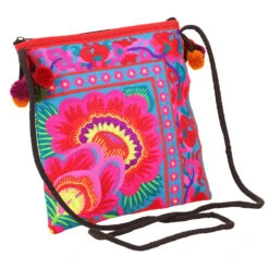 Schultertasche, Hippie Tasche Chiang Mai, Bestickter Beutel - Blau/pink - 22x20 Cm