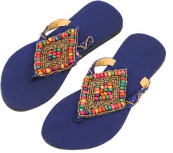 Exotische Flip Flops Mit Gummisohle Und Bunten Holzperlen - Blau