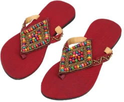 Exotische Flip Flops Mit Gummisohle Und Bunten Holzperlen - Rot