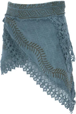 Natürlicher Goa Sommerrock, Bedruckter Ethno Wickelrock Mit Spitze, Hüftschmeichler - Taubenblau