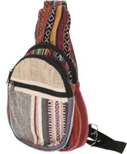 Extravaganter Ethno Baumwoll/Hanf Rucksack, Ethno Crossbag, Nepal Schulterbeutel - Bunt - 25x20x10 Cm