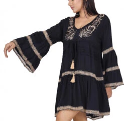 Boho Krinkelbluse, Bestickte Hippie Tunika - Schwarz