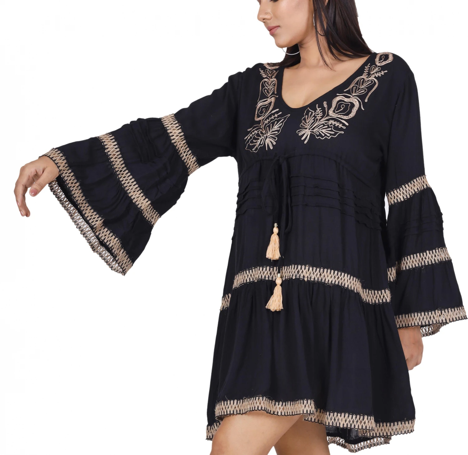 Boho Krinkelbluse, Bestickte Hippie Tunika - Schwarz 3 Boho Krinkelbluse, Bestickte Hippie Tunika - Schwarz