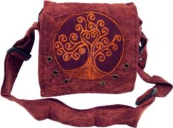 Ethno Schultertasche, Nepaltsche Stonewash `Tree Of Life` - Rostrot - 15x20x6 Cm
