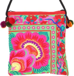 Schultertasche, Hippie Tasche Chiang Mai, Bestickter Beutel - Grün/pink - 22x20 Cm -Modebekleidungsgeschäft c59de4a9d541d4a4240431c545d2fe27