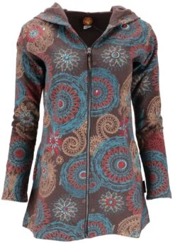 Lange Boho Hippie Chic Jacke, Bestickte Jacke - Schokobraun/petrol