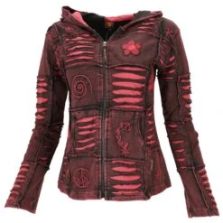 Goa Patchwork Jacke, Boho Kapuzenjacke - Schwarz/bordeauxrot