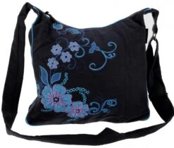 Geräumige Schultertasche, Hippie Tasche, Goa Tasche - Schwarz/türkis - 34x37x12 Cm
