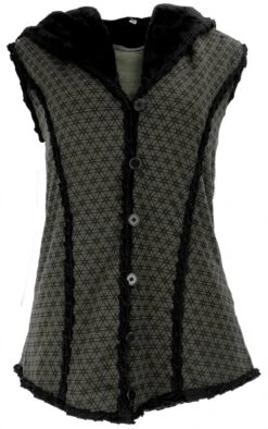 Goa Weste Mit Weiter, Flauschiger Kapuze `Flower Of Life` - Olive