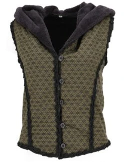 Kurze Goa Weste Mit Weiter, Flauschiger Kapuze `Flower Of Life` - Olivgrün/schwarz