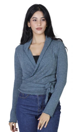 Wickelshirt, Baumwollstrick Pullover, Wickeljacke - Taubenblau -Modebekleidungsgeschäft h 12 21 ago0015