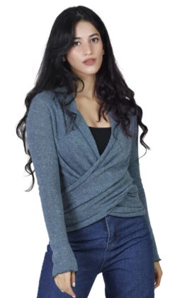 Wickelshirt, Baumwollstrick Pullover, Wickeljacke - Taubenblau -Modebekleidungsgeschäft h 12 21 ago0026