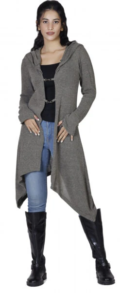 Lange Strickjacke, Strickmantel Mit Weiter Kapuze - Khaki -Modebekleidungsgeschäft h 12 21 ago0784