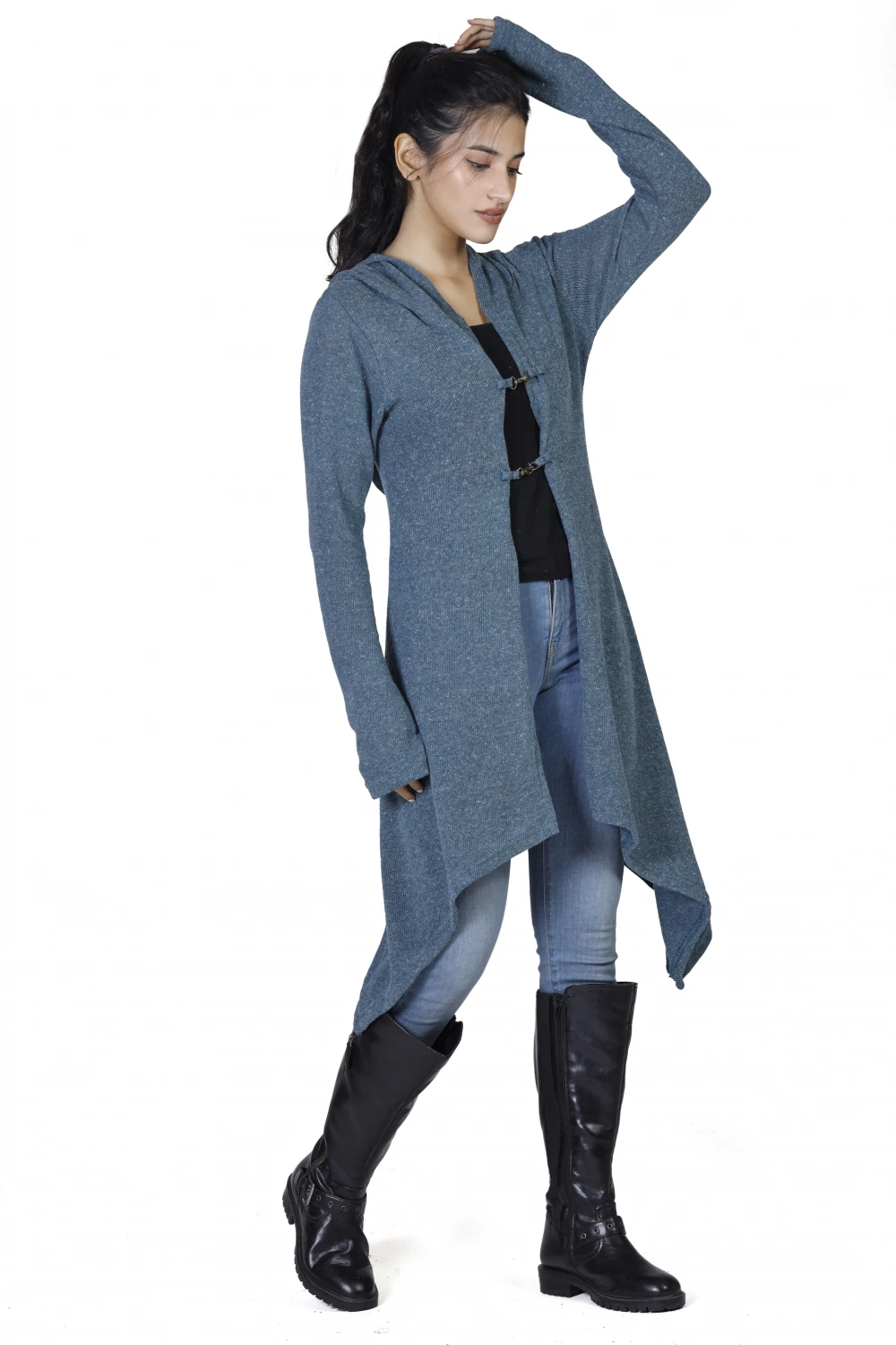 Lange Strickjacke, Strickmantel Mit Weiter Kapuze - Taubenblau 7 Lange Strickjacke, Strickmantel Mit Weiter Kapuze - Taubenblau – Bild 5