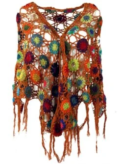 Häkelstola, Hippie Blümchen Häkelschal, Dreieckstuch - Rostorange - 180x60 Cm