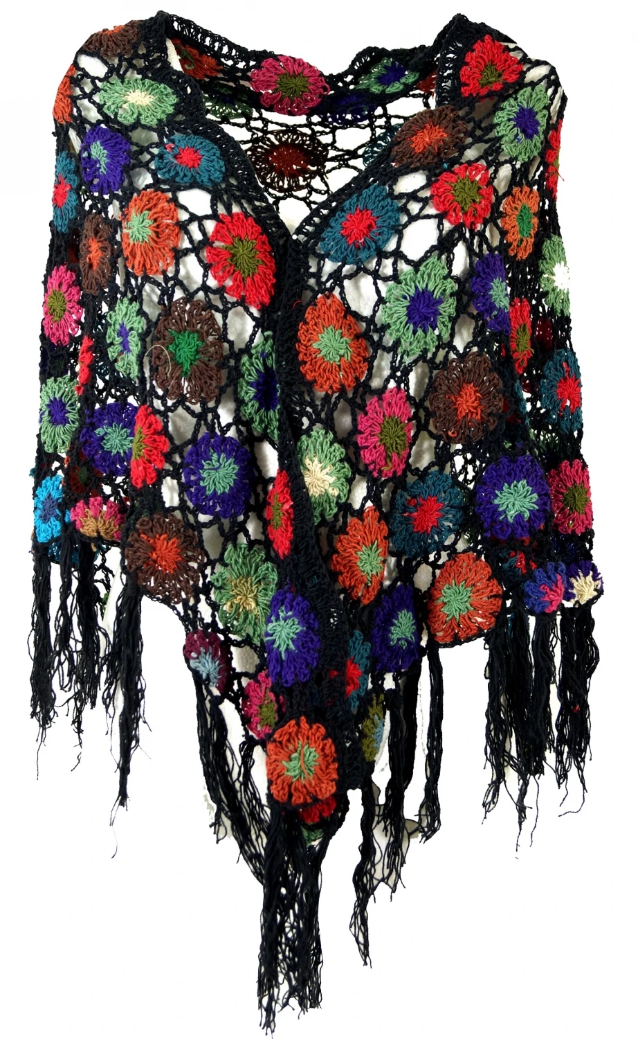 Häkelstola, Hippie Blümchen Häkelschal, Dreieckstuchl - Schwarz - 180x60 Cm 5 Häkelstola, Hippie Blümchen Häkelschal, Dreieckstuchl - Schwarz - 180x60 Cm – Bild 3